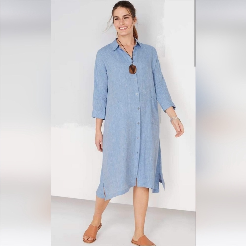 NWT J. Jill Purejill blue linen patch pocket midi shirtdress sz xs